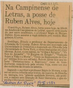 Na Campinense de Letras, a posse de Rubem Alves, hoje