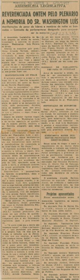 Reverenciada ontem pelo plenario a memoria do sr. Washington Luís