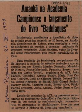 Amanhã na Academia Campinense o lançamento do livro "Badulaques"