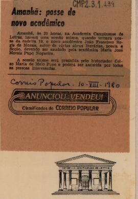 Amanhã: posse de novo acadêmico
