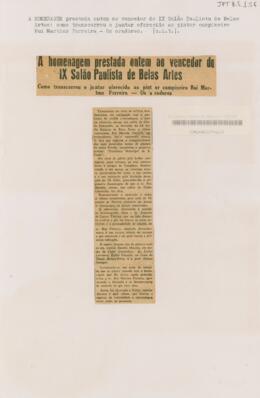 A homenagem prestada ontem ao vencedor do IX Salão Paulista de Belas Artes