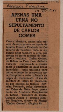 Apenas uma urna no sepultamento de Carlos Gomes