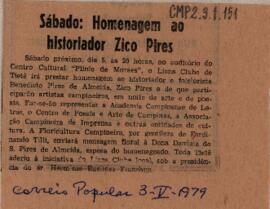 Sábado: Homenagem ao historiador Zico Pires