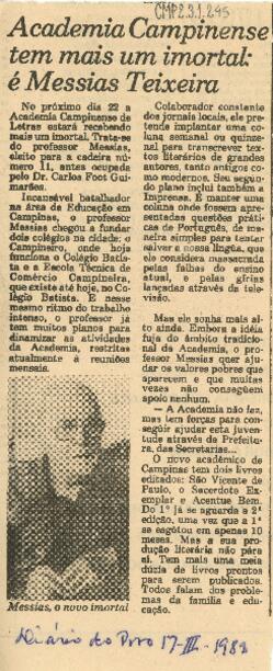 Academia Campinense tem mais um imortal: é Messias Teixeira