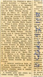 [Obituário de Rolando da Fonseca Brabazon Davids]