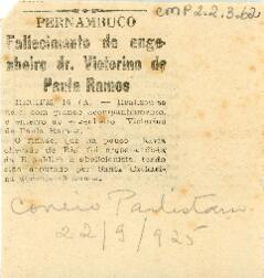Fallecimento do engenheiro dr. Victorino de Paula Ramos