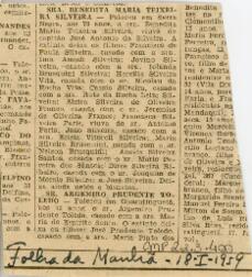 [Obituário de Benedita Maria Teixeira Silveira]
